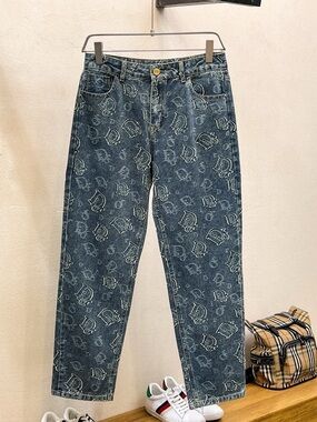 Slim Straight Men’s Jeans in Washed Blue with All-Over Monogram